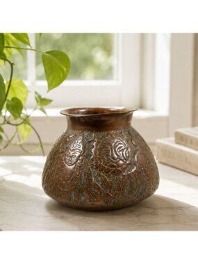 Handcrafted Etched Heavy Copper Vase With Ornate Floral & Faces Design Rustic MC